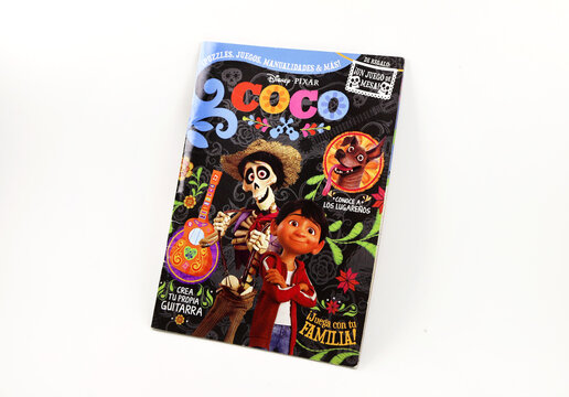 Children's activity magazine with the theme of the movie Coco. Disney - Pixar. Miguel and Ernesto De La Cruz. Dante the xoloitzcuintli dog. Book to color, learn and have fun.