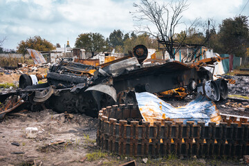 Ukraine, A Russian tank torn to pieces, detonation of ammunition, a destroyed tank stands against...