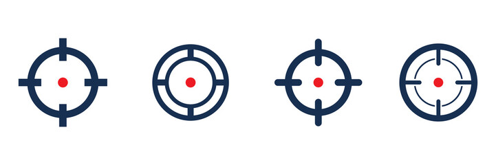 Shooting target destination set. Aim sniper shoot group. Focus cursor bull eye mark collection. Vector isolated on white.