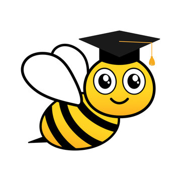 Cute friendly bee in graduate hat. Flying scholar bee with big kind eyes. Insect education character. Vector isolated on white.