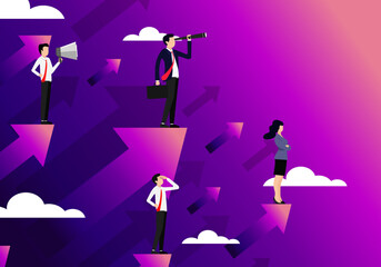 Businessman and his team stood on an arrow pointing up. as well as looking for new businesses that are in demand in the market with a team that supports the company's rapid growth