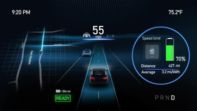 
Electric Car Dashboard. Display showing GPS map, battery, speed, time and temperature  of EV. Futuristic Interface. Holographic Display.
