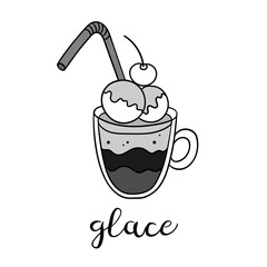 Hand drawn glace coffee cup with lettering. Vector doodle illustration isolated on white. Perfect for menu designs for cafes, restaurants, coffeehouses and coffee shops.
