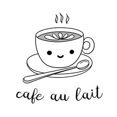 Hand drawn cafe au lait coffee cup with lettering. Vector doodle illustration isolated on white. Perfect for menu designs for cafes, restaurants, coffeehouses and coffee shops.