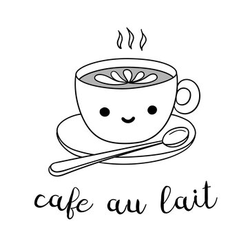 Hand drawn cafe au lait coffee cup with lettering. Vector doodle illustration isolated on white. Perfect for menu designs for cafes, restaurants, coffeehouses and coffee shops.