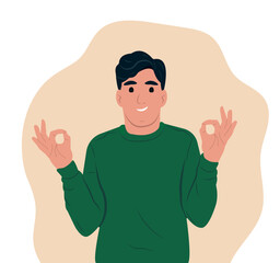 Happy positive man showing gesture. Ok sign and gesture language concept. Flat vector illustration