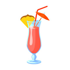 Cartoon Hawaiian and travel symbol. Flat vector illustration. Colorful berry cocktails with umbrella. Culture, travel, tourism, tropical concept