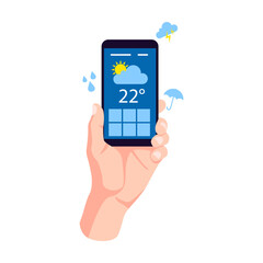Hands holding, touching mobile phones displays, using apps online. Weather internet apps. Flat vector illustration. Digital communication
