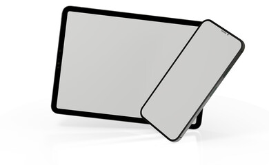 Blank screen realistic tablet frame, rotated position, side view, top view. The tablet is at different angles. Layout of a universal set of devices