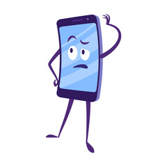 Cartoon confused mobile phone character flat vector illustration. Smartphone or cellphone gadgets with arms, legs and different emotions on display. Communication concept