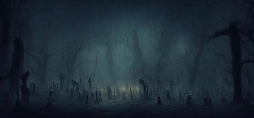 Digital Illustration Of An Old Creepy Graveyard On Stormy Winter Day At Dark Misty Night Background Concept.