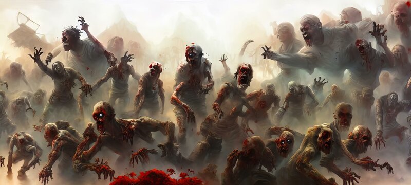 A Large Group Of Zombies In The Middle Of A Crowd, Spectacular Halloween Zombies Backdrop Background. Digital Art Style Illustration.
