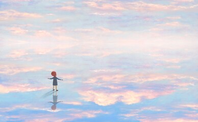 Fototapeta na wymiar A lonely boy in surreal sky . kid and fantasy cloud. Concept idea art of imagination, dream, life, freedom, hope, growth, happiness and education. Conceptual 3d illustration. child artwork.