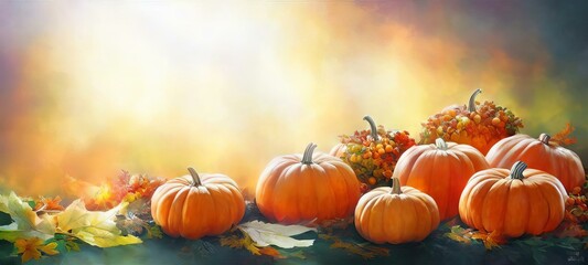 Naklejka na ściany i meble Empty Space Autumn Pumpkins And Leaves On A Table, Fantastic Thanksgiving Abstract Background Wallpaper. Graphic Resource Overlay.