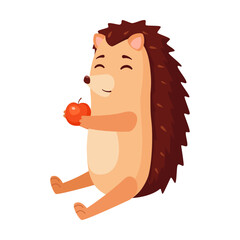 Hedgehog characters vector illustration. Wild animal eating an apple isolated on white background. Wildlife, animal, nature, mascot concept