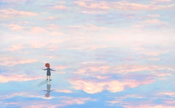 A lonely boy in surreal sky . kid  and fantasy cloud. Concept idea art of imagination, dream, life, freedom, hope, growth, happiness and education. Conceptual 3d illustration. child artwork.