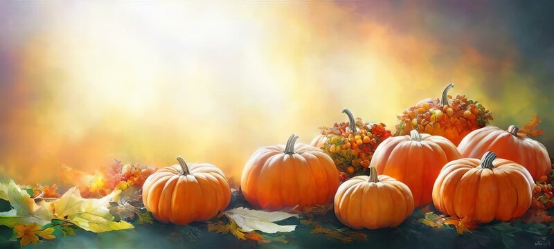 Empty Space Autumn Pumpkins And Leaves On A Table, Fantastic Thanksgiving Abstract Background Wallpaper. Graphic Resource Overlay.