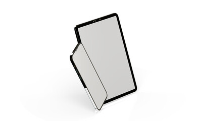 Blank screen realistic tablet frame, rotated position, side view, top view. The tablet is at different angles. Layout of a universal set of devices
