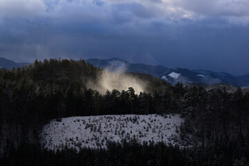 Eisige Schneewinterlandschaft mit Blizzard, Schneesturm bäumt sich auf im Wald, Berg landschaft