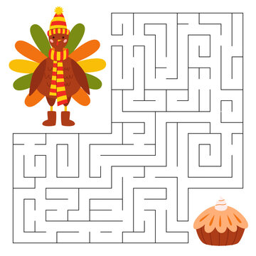 Maze game for children. Cute pilgrim turkey looking for a way to the pumpkin pie. Bird animal character in a hat, a scarf and ugg. Printable worksheet.