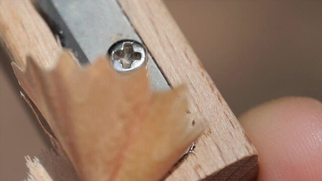 Wood grain pencil and sharpener on wooden background