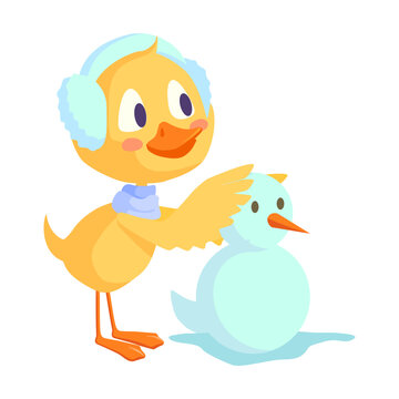 Cartoon duckling. Funny yellow baby chicks or duck making snowman out of snow. For cartoon character