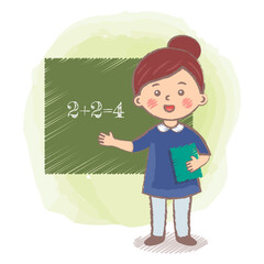 Little preschool girl dreaming to become teacher in future. Career day in kindergarten. Flat kid character. Teacher isolated vector illustration. Cartoon teacher child pointing on the chalkboard.