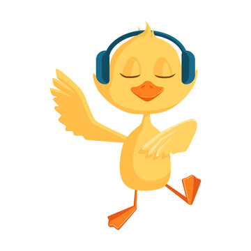 Cartoon duckling listening to music with headphones. Funny yellow baby chicks or ducks different activities, celebrating birthday, watching movie, dancing, sleeping