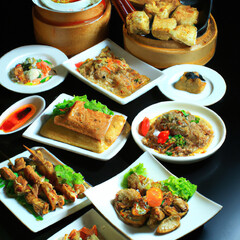 Assorted Chinese food set. Chinese noodles, fried rice, dumplings, peking duck, dim sum, spring rolls. Famous Chinese cuisine dishes on table. Top view