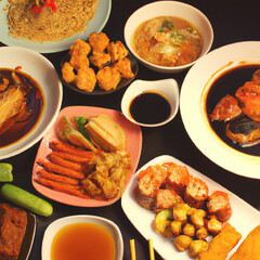 Assorted Chinese food set. Chinese noodles, fried rice, dumplings, peking duck, dim sum, spring rolls. Famous Chinese cuisine dishes on table. Top view