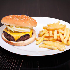 Delicious hamburguer whit french fries in the plate