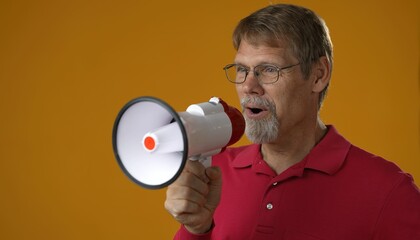 Fun elderly bearded man 50s wears red shirt yells into megaphone announces discounts sale Hurry up isolated on solid yellow background studio portrait