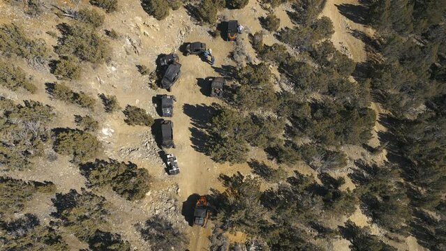 Aerial-Top down-Group of side by side off road vehicles stopped along a small dirt road in the desert amid juniper trees.