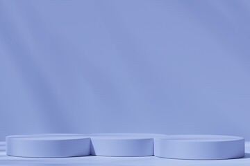 Three round podiums on a blue background with shadows, 3d render