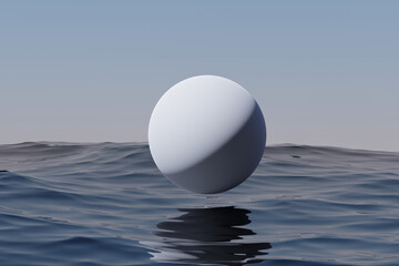 Blue flying sphere over sea water against the sky, 3d render