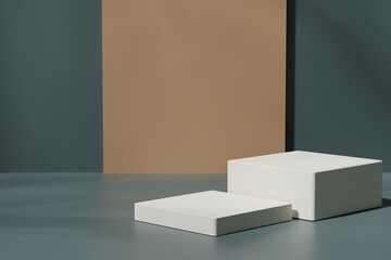 Two white square podiums on a green background, 3d render
