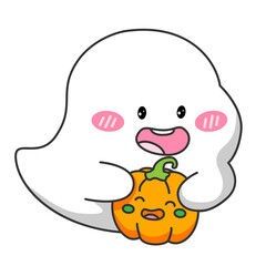 Little ghost holding a cute smiling pumpkin. Cartoon art and illustration.
