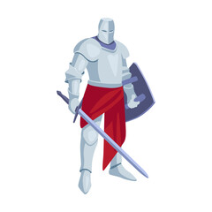 Fototapeta premium Armored knight with weapon. Vector illustration. Warrior or soldier with horse, sword and shield. History, knight battle, war, fight concept