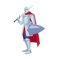 Armored knight with weapon. Vector illustration. Soldier, sword and shield. History, knight battle, war, fight concept