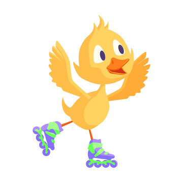 Cartoon duckling. Funny yellow baby chicks or duck roller skating. For cartoon character