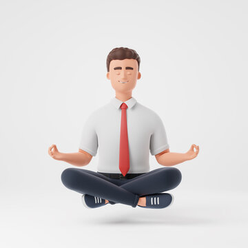 Cartoon character businessman closed eyes white shirt in lotus pose meditation relax dream isolated over white background.