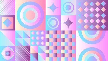 Abstract neo geometry background. Vector. geometric figures. Circles, squares, triangles. Galagraphy, gradient, delicate colors.