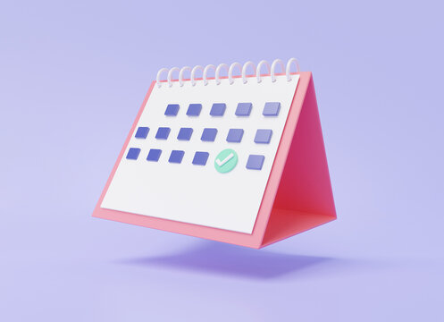 3D calendar icon symbol with minimal cartoon style design. Day month year time concept. on purple pastel background. mark Appointment agenda, event, website banner. 3d render illustration