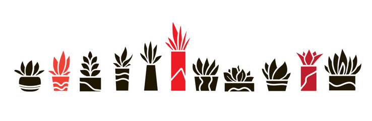 Set of silhouettes of stylized succulents in flower pots