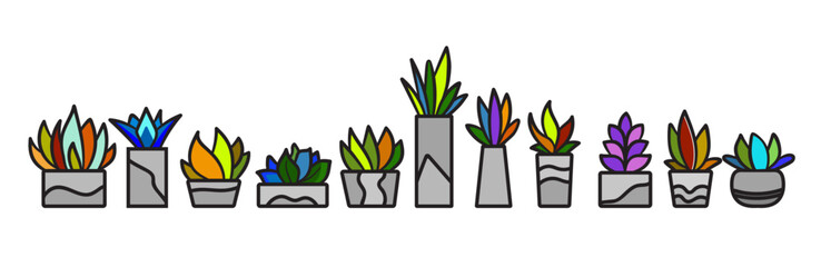 Set of colored stylized succulents in flower pots