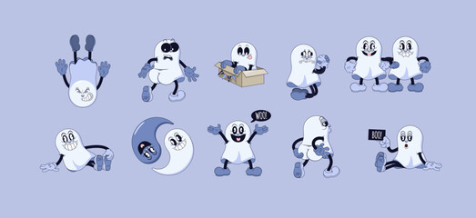 Big set of ghosts in retro comic cartoon stule. Cute comic gloved hands characters in Contemporary style. Doodle comic characters for autumn holiday of the halloween.