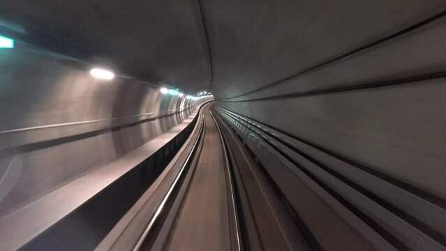 Copenhagen, Denmark A quiet and driverless metro train in a tunnel. 