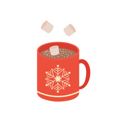 Obraz premium Hot chocolate with marshmallows. A cup with an ornament in the form of a snowflake. Vector illustration isolated on a white background.