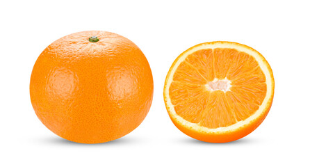 Whole of fresh orange fruit with half isolated on white background.