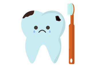 虫歯の歯と歯磨き。虫歯菌、歯を磨く. 歯磨きを怠る、ブラッシング、歯磨き。ベクターイラスト